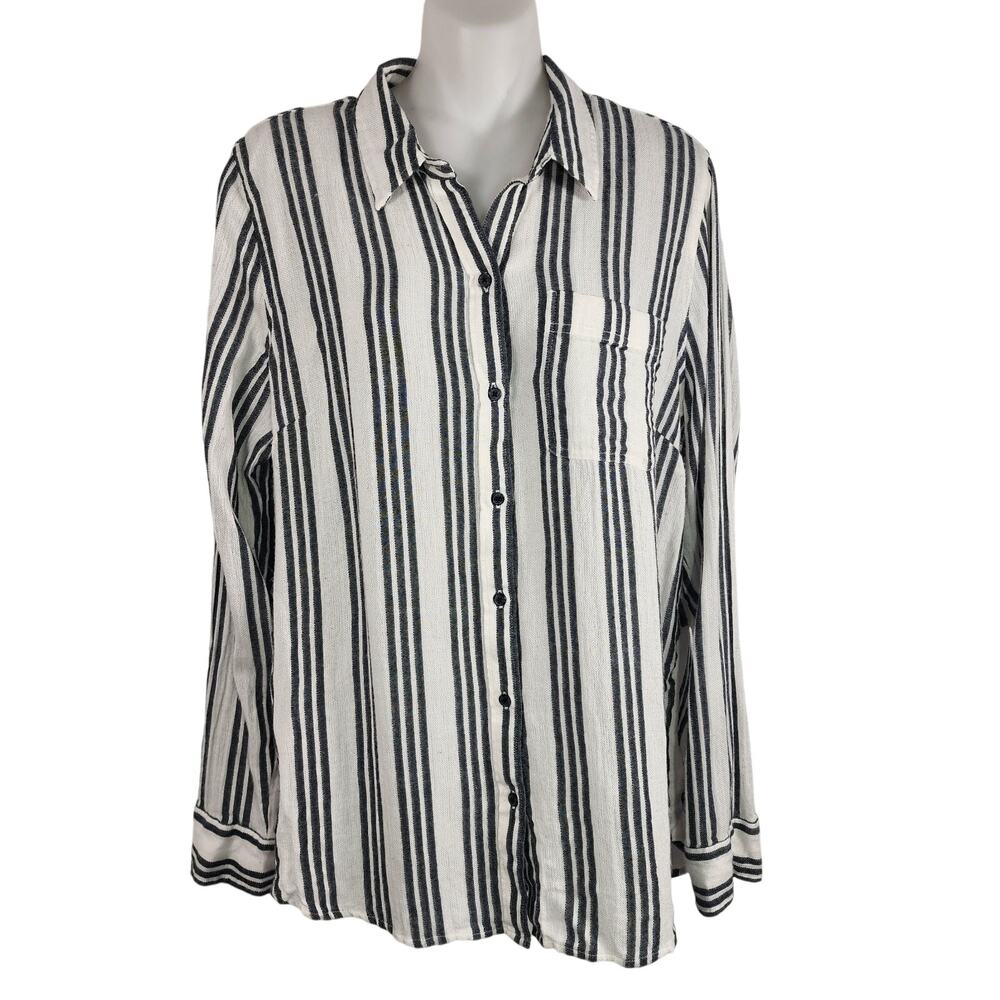 Lucky Brand Women's Shirt Black White Striped Button Front Back Detail L Pocket